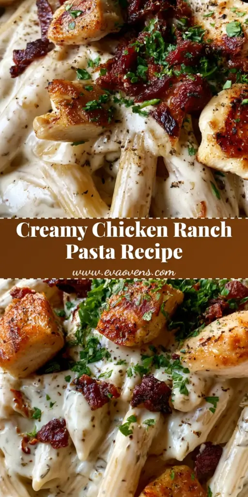 A top-down view of Creamy Chicken Ranch Pasta in a white bowl featuring penne, seared chicken, crispy bacon, and fresh parsley.