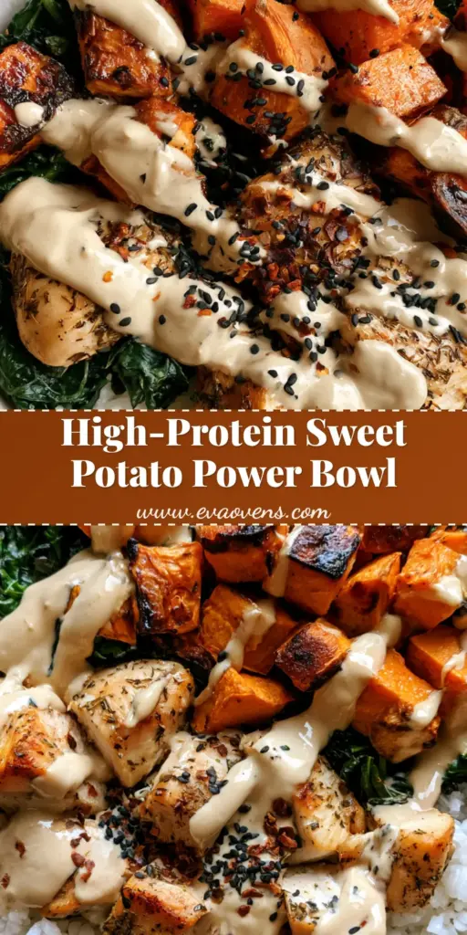 A healthy Chicken Sweet Potato Power Bowl with jasmine rice, seared chicken, roasted sweet potatoes, and kale, drizzled with tahini sauce.