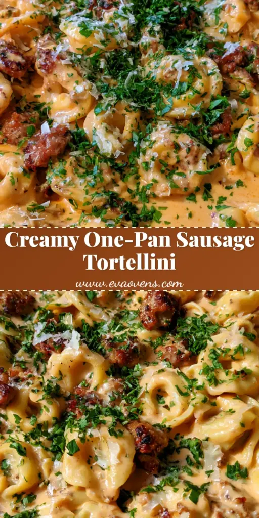 A handheld smartphone photo of Creamy Sausage Tortellini in a dark skillet, featuring cheese-filled pasta, browned sausage, and a pale orange sauce topped with parsley and shaved parmesan.