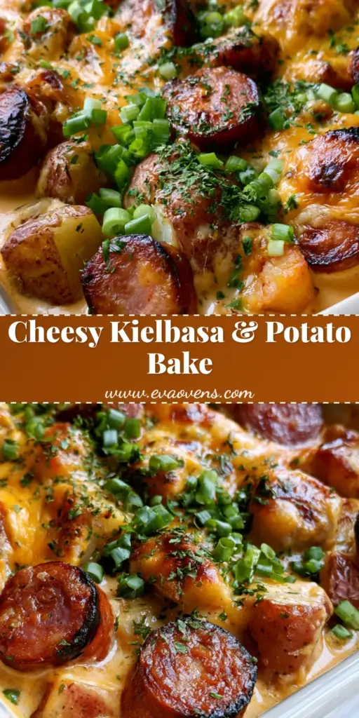 A close-up shot of a white ceramic dish featuring seared kielbasa rounds and cubed potatoes smothered in bubbling gooey cheddar cheese. (Kielbasa Cheesy Potato Casserole)