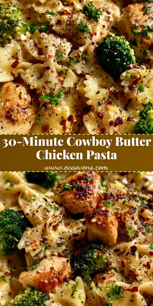 Cowboy Butter Chicken Pasta with Creamy Lemon Garlic Sauce 3 A shallow white bowl of Cowboy Butter Chicken Pasta featuring bowtie noodles, golden chicken, and broccoli in a yellow sauce.