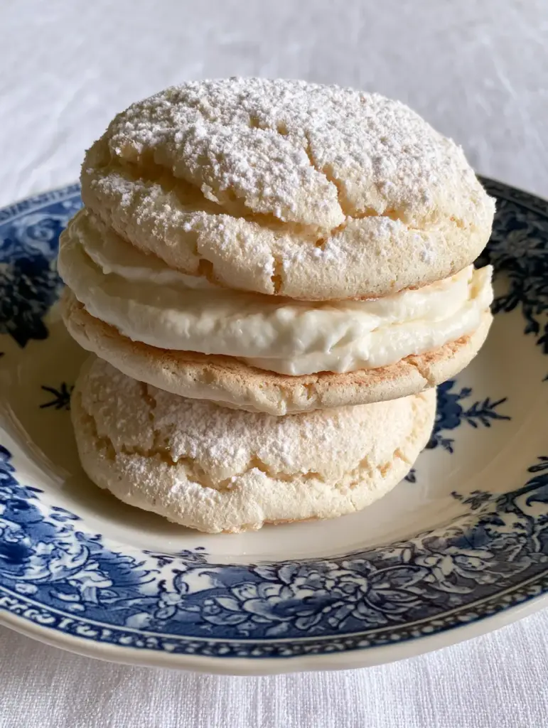 Close up of light ivory Almond Dacquoise Cookies with a slightly cracked top surface and heavy powdered sugar dusting.