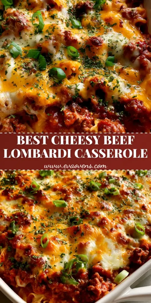 Close-up of Beef Lombardi Casserole in a white dish showing layers of curly noodles, red meat sauce, and bubbly toasted mozzarella and cheddar cheese.