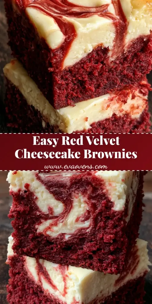 A stack of square-cut Red Velvet Cheesecake Brownies featuring a deep-crimson fudgy base and a white cream cheese swirl on a rustic wooden surface.