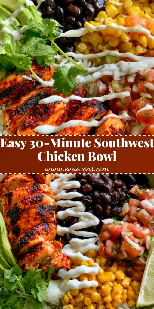 A professional flat lay of a Southwest Chicken Bowl with neat sections of charred chicken, beans, corn, avocado, and cilantro lime rice.