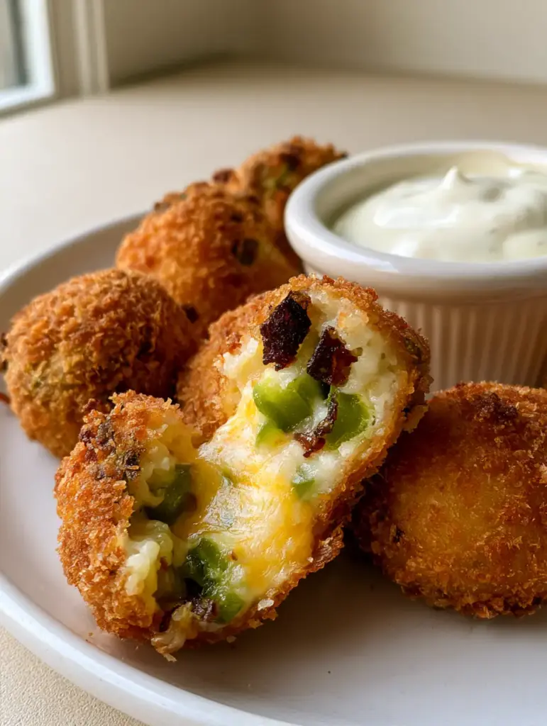 Jalapeno Popper Bites: The Ultimate Crispy, Cheesy Party Appetizer 2 Deep-fried Jalapeno Popper Bites on a white plate with thick ranch dipping sauce.