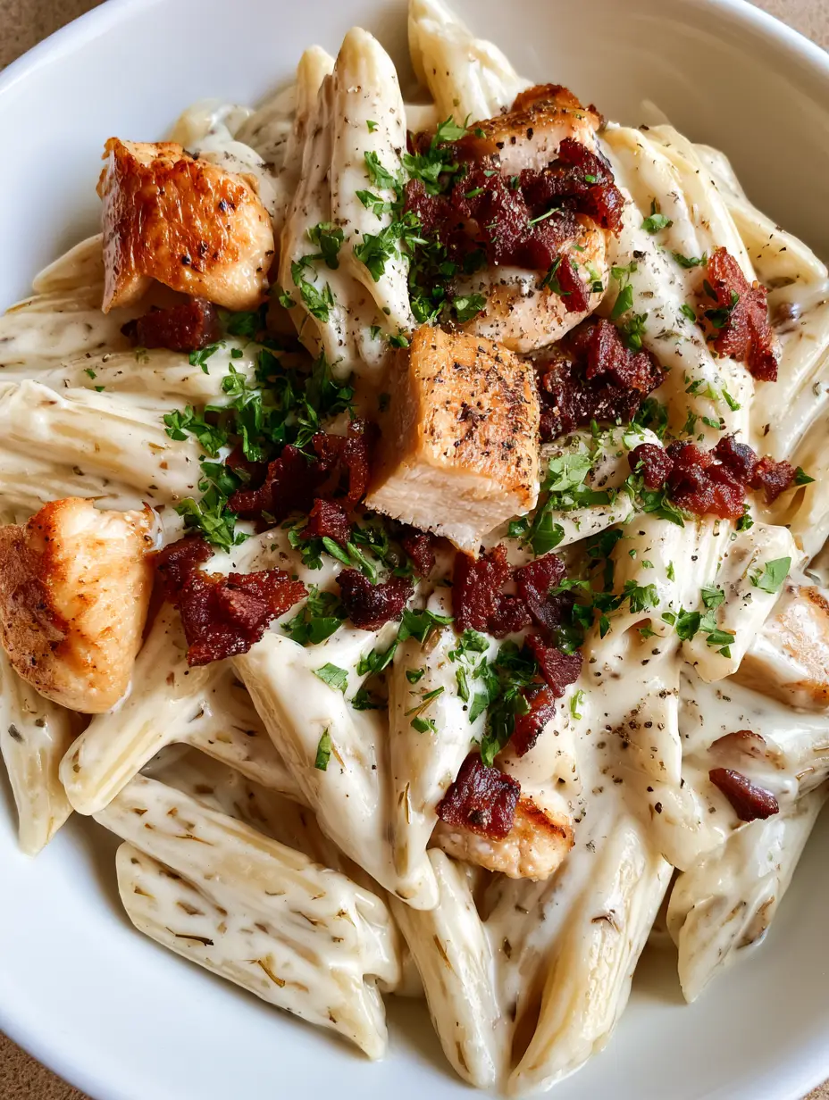 Close-up of Chicken Ranch Pasta showing the thick creamy sauce and golden-brown seared chicken pieces.