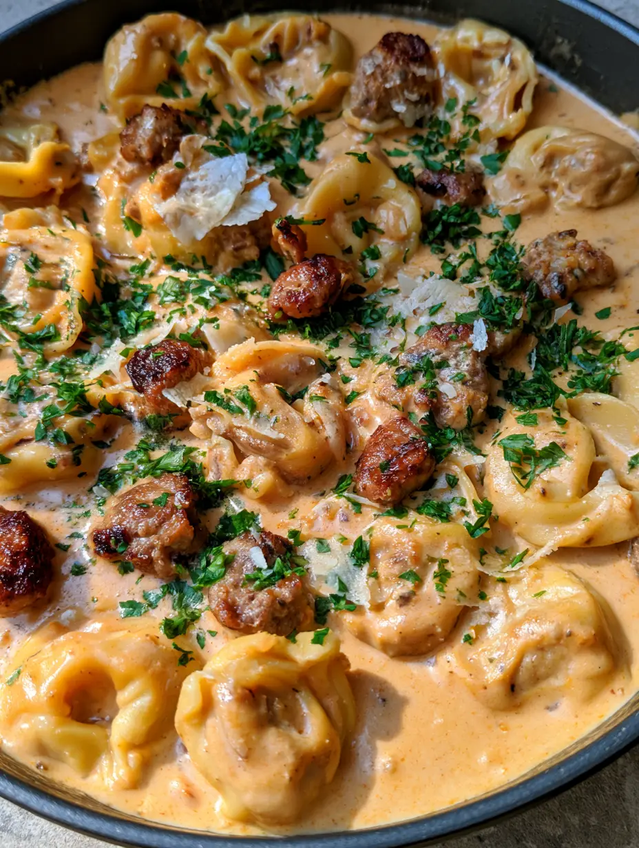 Close-up view of Creamy Sausage Tortellini showing the glossy pale orange sauce and charred sausage crumbles.