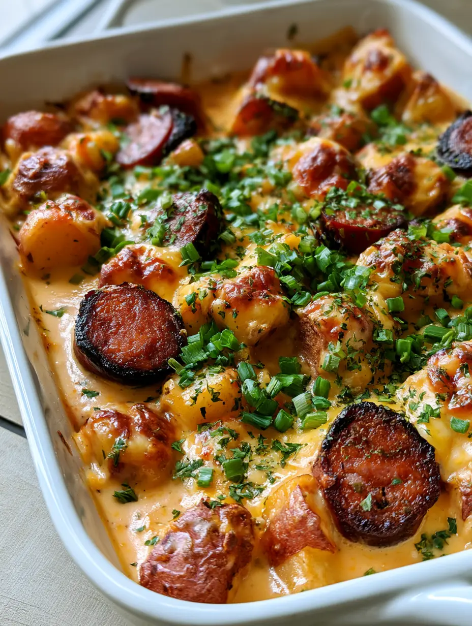 A high-angle view of a cheesy potato casserole with charred smoked sausage and a glossy pale orange cheese sauce. (Kielbasa Cheesy Potato Casserole)