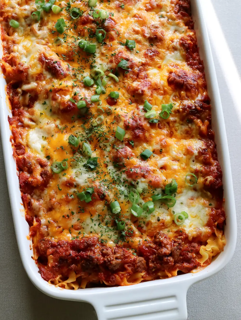 High-angle shot of a Beef Lombardi Casserole featuring melted yellow cheddar and white mozzarella with golden brown spots. (Beef Lombardi Casserole)