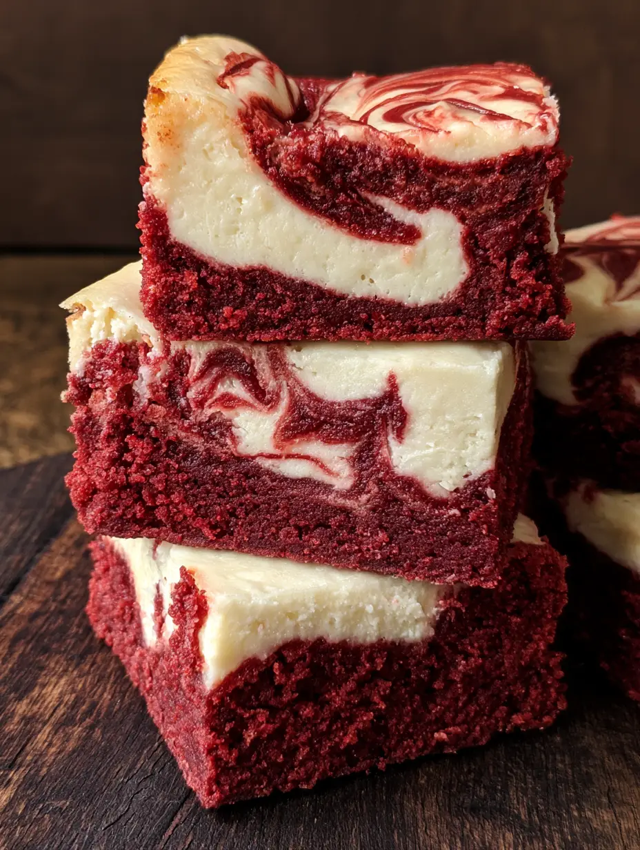Close-up of Red Velvet Cheesecake Brownies showing the dense cocoa-infused crumbs and smooth matte cheesecake top with golden edges.