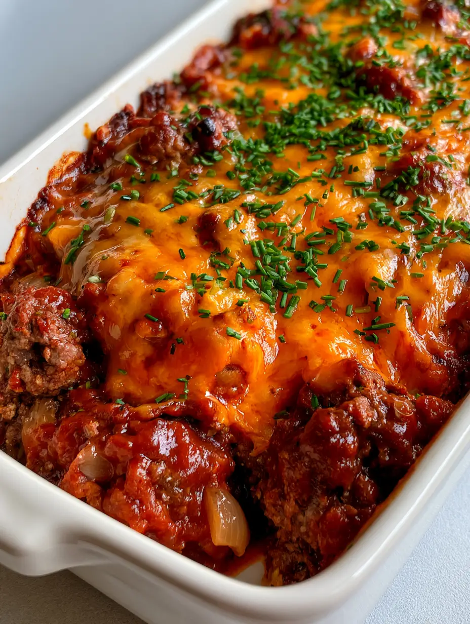 Cheesy Meatloaf Casserole with a Glossy Tomato Glaze 4 Close-up of melted sharp cheddar cheese with browned edges on a Cheesy Meatloaf Casserole.