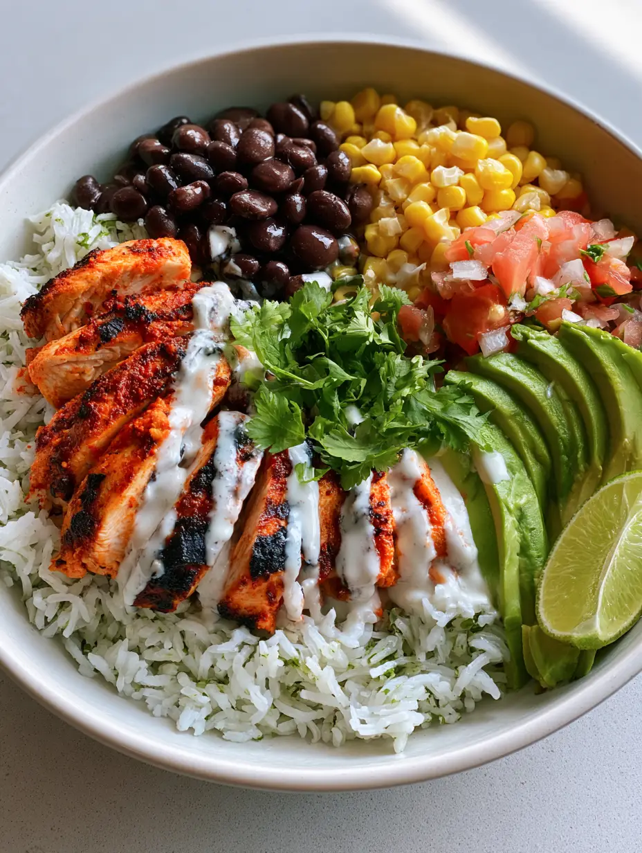 Close up of a Southwest Chicken Bowl showing the charred reddish-orange chicken tenders and creamy white lime crema drizzle.