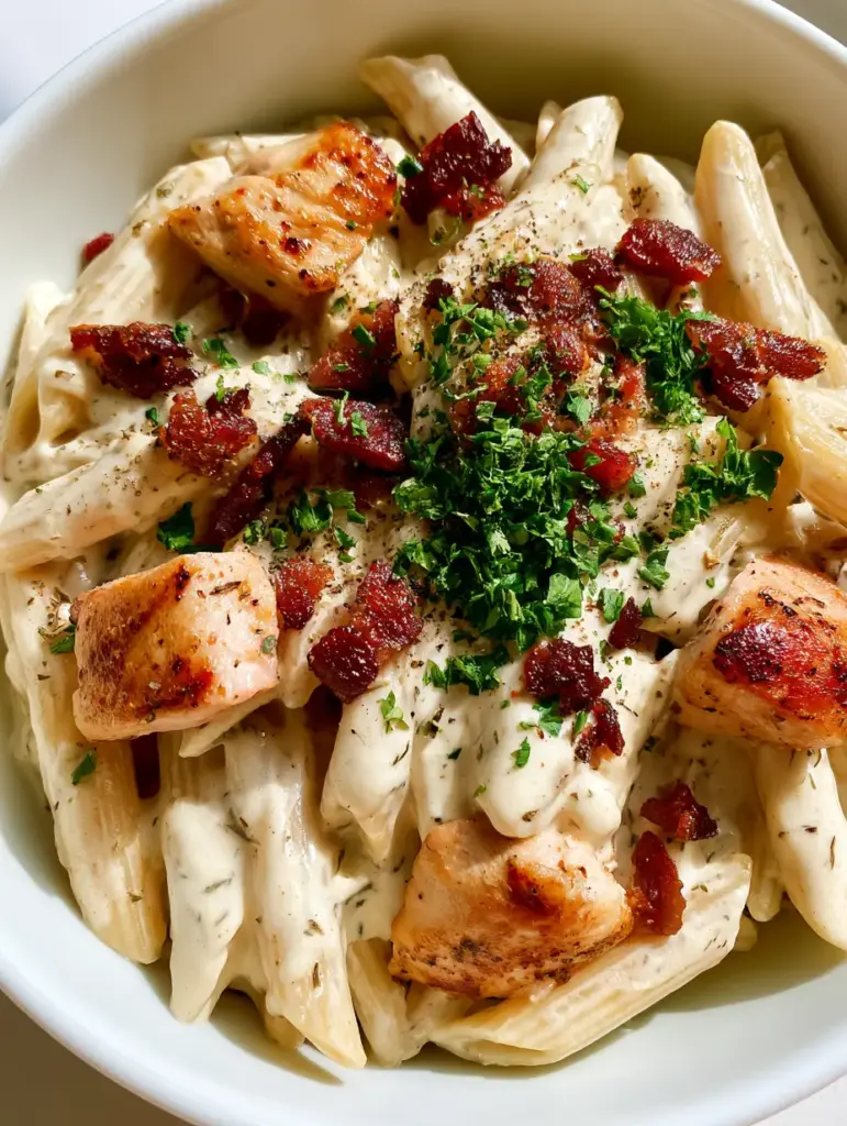 Top-down shot of Chicken Ranch Pasta garnished with finely chopped fresh parsley and cracked black pepper.