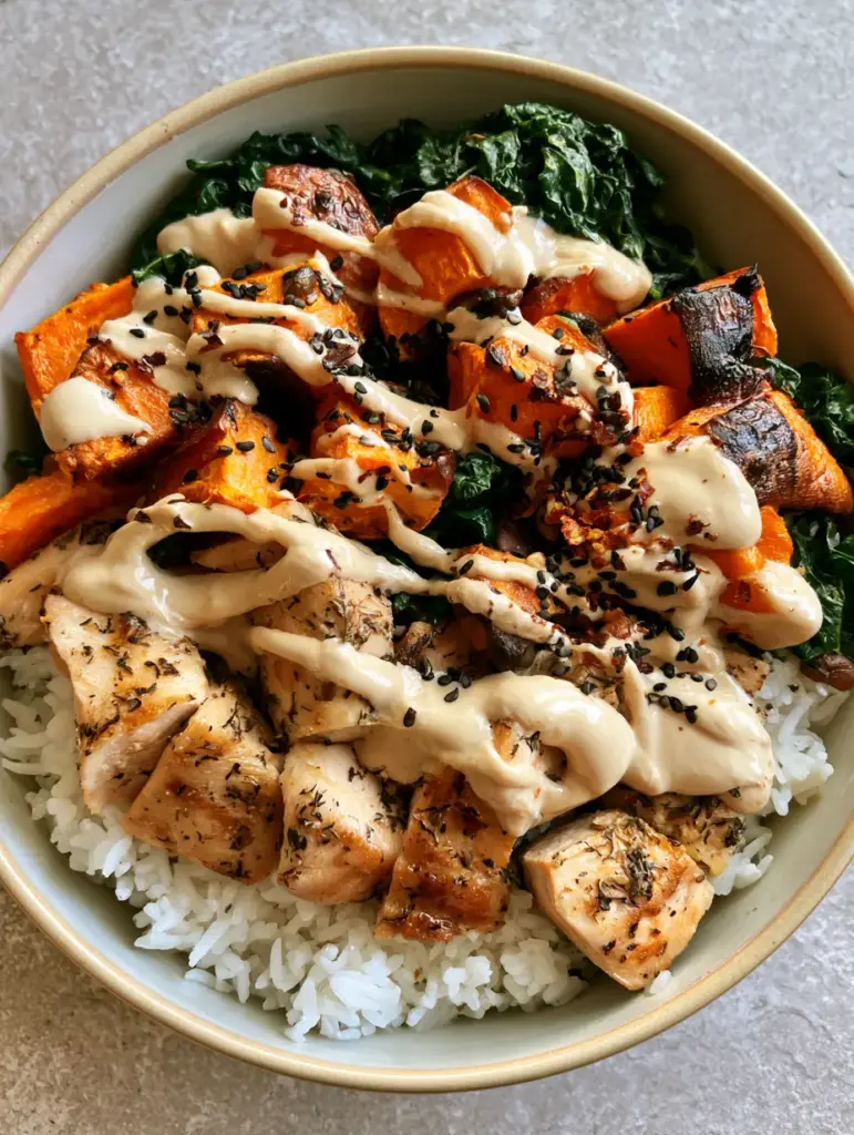 Close up of creamy tahini sauce drizzled over herb-seasoned chicken and roasted sweet potatoes in a power bowl.