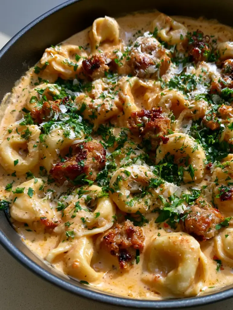 A dark skillet on a light countertop filled with Creamy Sausage Tortellini, garnished with green parsley and white parmesan shavings.