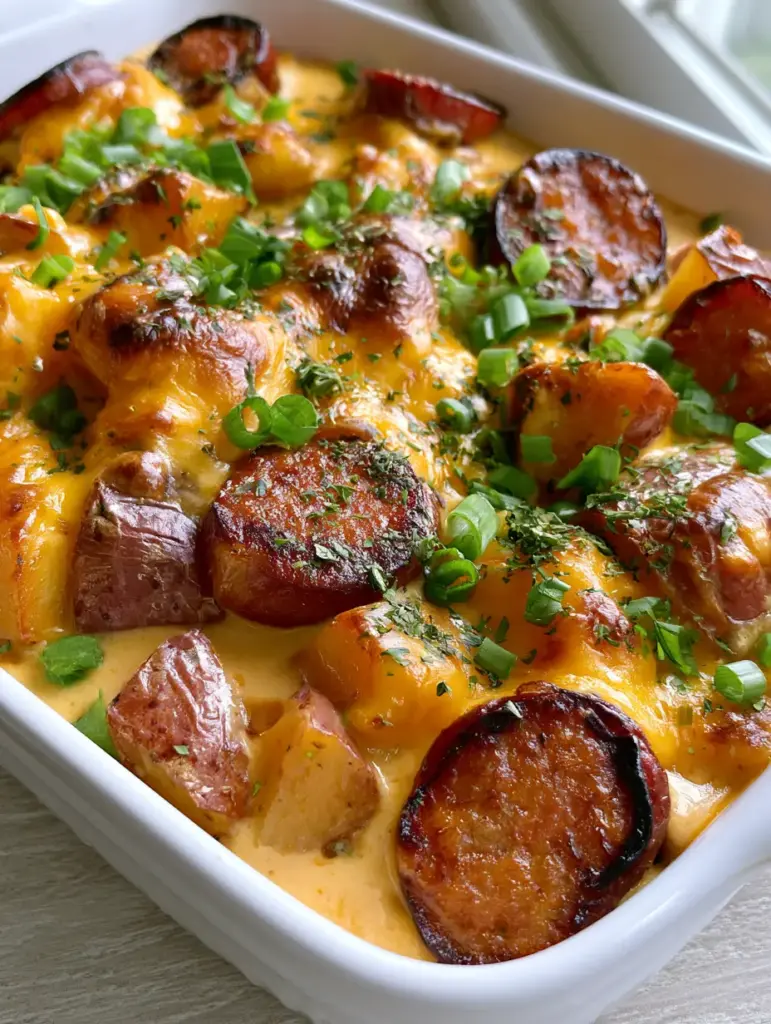 Close-up of melted cheddar cheese with golden toasted spots over tender skin-on potatoes and kielbasa rounds.