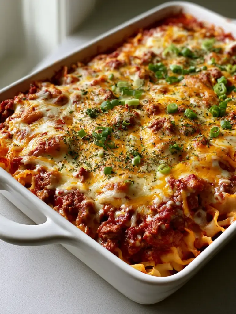 Detailed view of the thick tomato meat sauce and curly egg noodles in a Beef Lombardi Casserole.