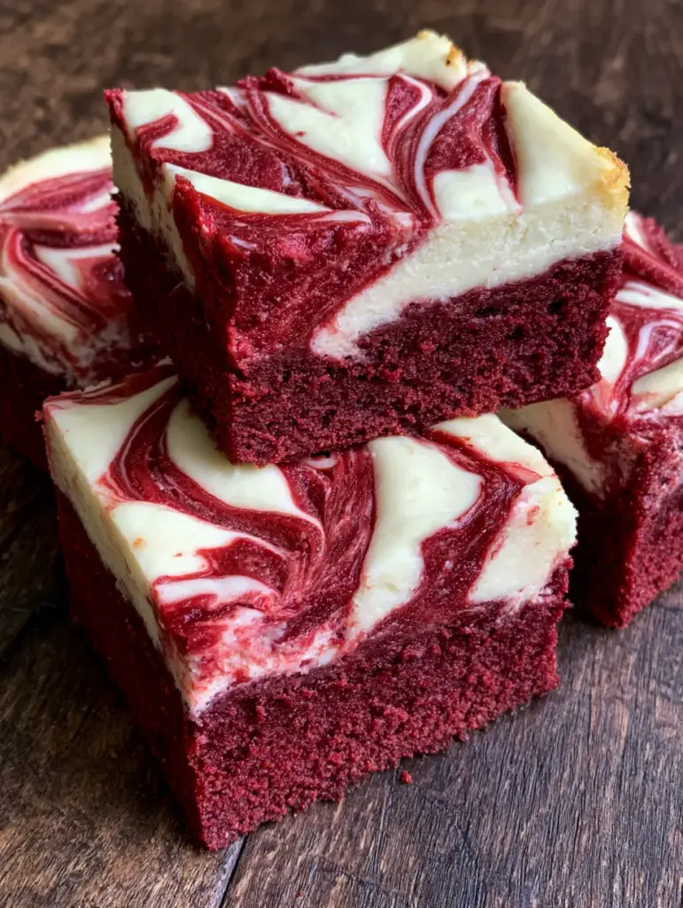 Red Velvet Cheesecake Brownies stacked on a rustic wood background, highlighting the contrast between the crimson base and white swirls.