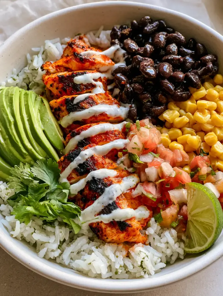 Overhead view of a Southwest Chicken Bowl in a shallow white ceramic bowl with fanned avocado and fresh cilantro.