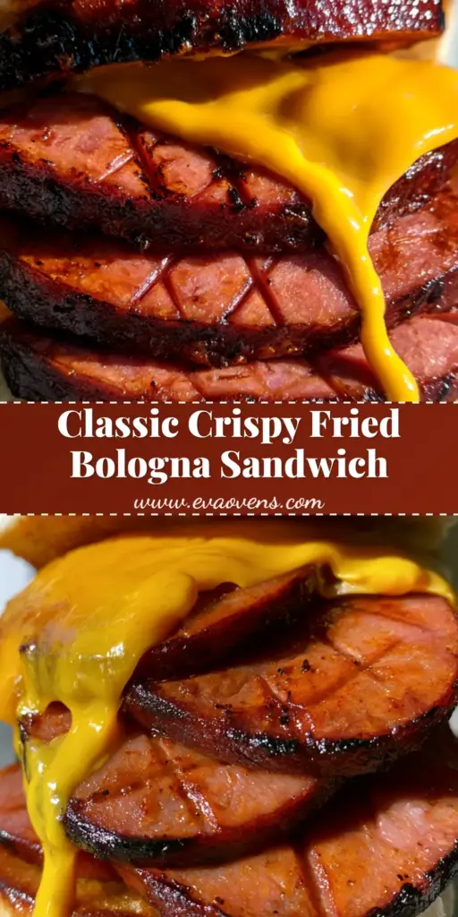 Fried Bologna Sandwich: The Best Thick-Cut Charred Recipe 4 A handheld shot of a Fried Bologna Sandwich with three thick-cut charred slices, melted American cheese, and dripping yellow mustard on a toasted bun.