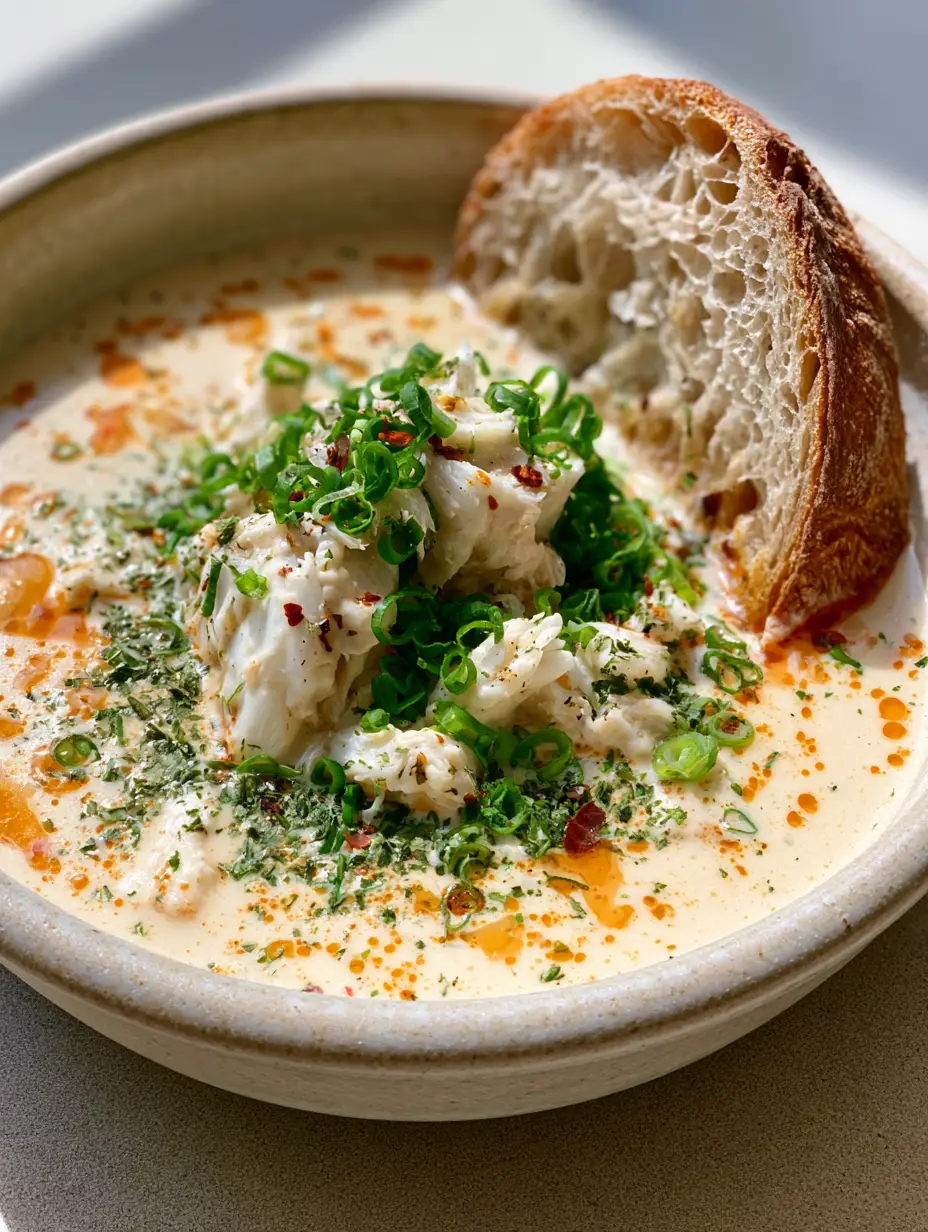Creamy Crab Stew Recipe: The Ultimate Silky Seafood Comfort Bowl 4 Overhead view of a pale ivory creamy crab stew with orange oil droplets and large white crab chunks. (Creamy Crab Stew Recipe)