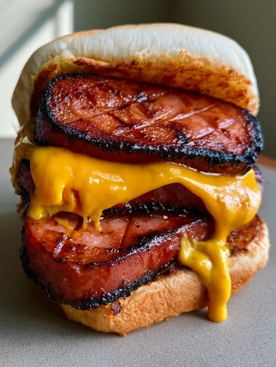 Fried Bologna Sandwich: The Best Thick-Cut Charred Recipe 3 Extreme close-up of a Fried Bologna Sandwich showing cross-hatch scores and dark brown charred meat texture.