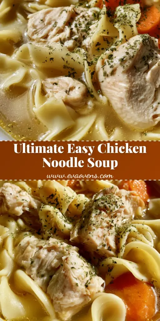 A steaming white ceramic bowl of Homemade Chicken Noodle Soup featuring thick wavy noodles and large chunks of white meat chicken.