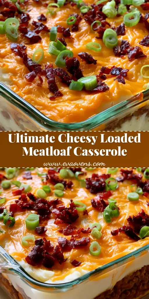 Cheesy Loaded Meatloaf Casserole: The Ultimate Family Comfort Food 4 A layered Cheesy Loaded Meatloaf Casserole in a glass dish with beef, mashed potatoes, melted cheddar, bacon, and green onions.