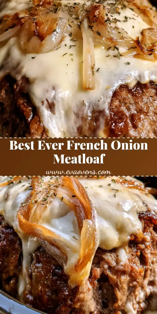A close-up of a cooked Crockpot French Onion Meatloaf with melted Swiss cheese, caramelized onions, and thyme flakes.