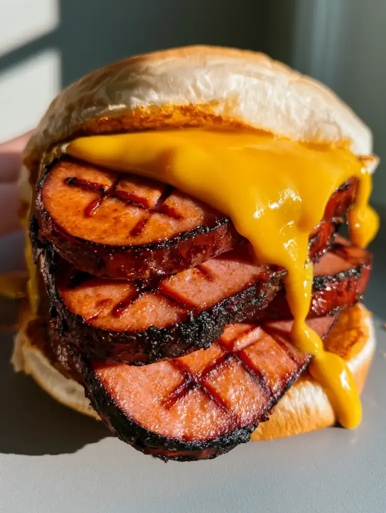Fried Bologna Sandwich: The Best Thick-Cut Charred Recipe 1 Fried Bologna Sandwich on a neutral gray surface featuring melted gooey yellow American cheese and toasted white bun.