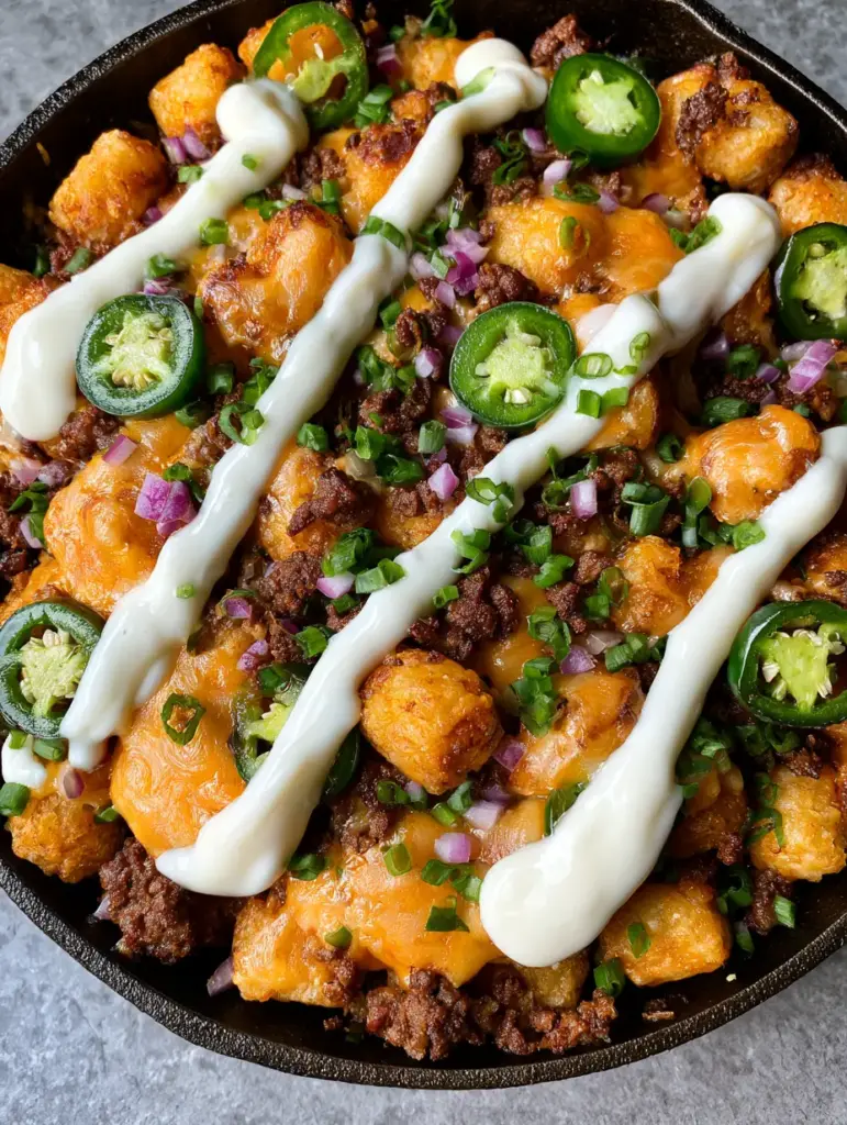 Loaded Tater Tot Recipes: The Ultimate Skillet Comfort Food 2 Close up of crispy golden-brown tater tots with crumbled seasoned ground beef and jalapeños. (Loaded Tater Tot Recipes)