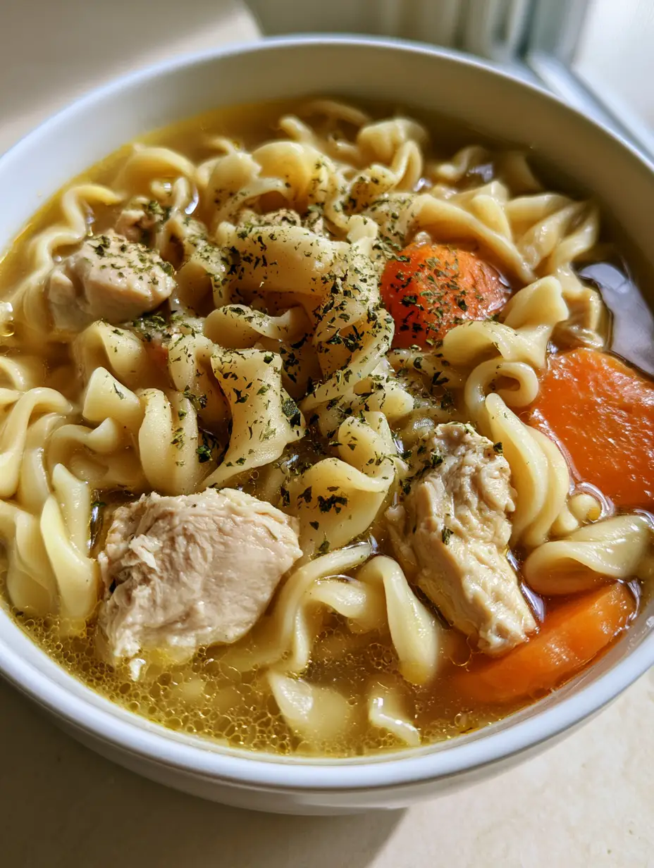 Close-up handheld photo of golden translucent chicken broth with oil droplets, wavy noodles, and sliced carrots. (Homemade Chicken Noodle Soup)