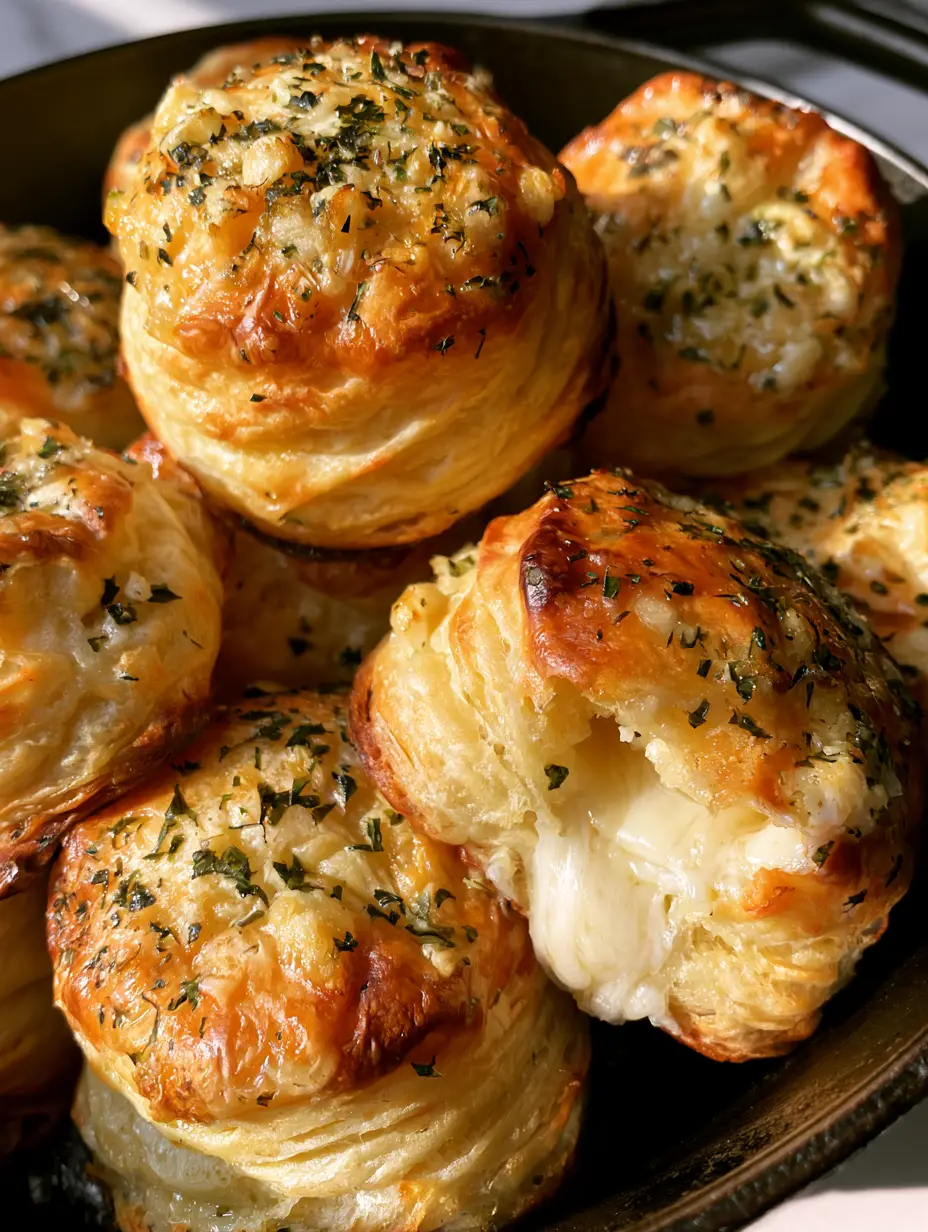 Garlic Butter Biscuits with a Gooey Mozzarella Center 3 Close-up of flaky Garlic Butter Biscuits showing puffed layers and minced garlic bits.