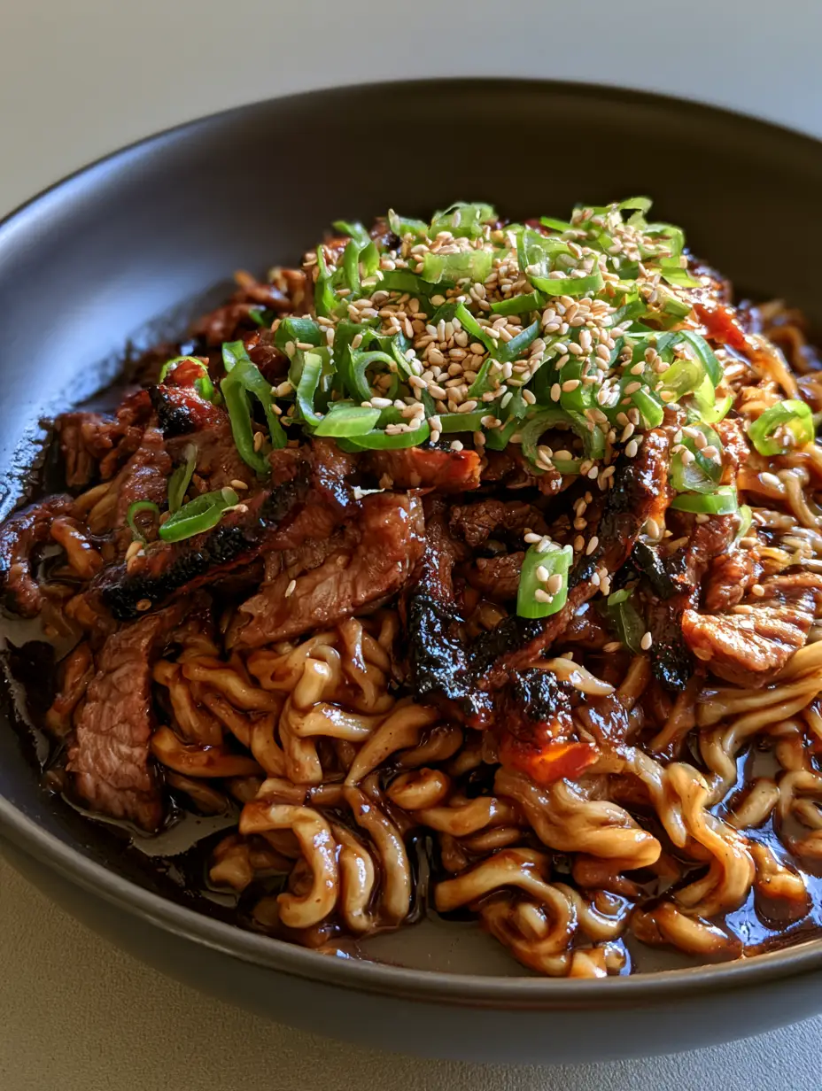 Close up of wavy ramen noodles coated in a dark brown Mongolian sauce with seared beef strips. (Mongolian Beef Ramen)