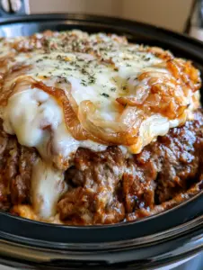Juicy Crockpot French Onion Meatloaf glistening with a dark brown savory onion glaze inside a black slow cooker.