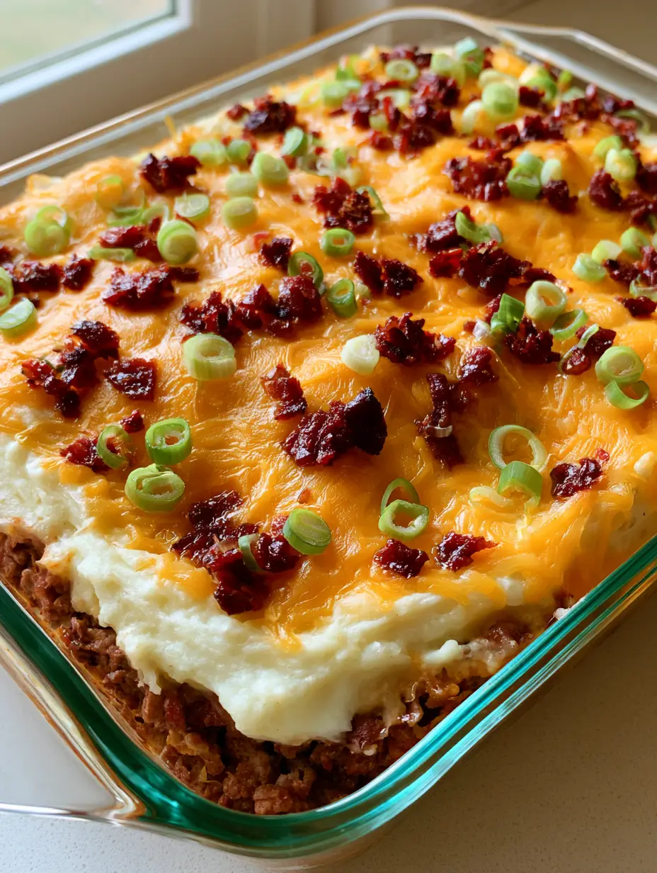 Cheesy Loaded Meatloaf Casserole: The Ultimate Family Comfort Food 3 Top-down view of Cheesy Loaded Meatloaf Casserole showing bubbly orange cheese and fresh green onions.