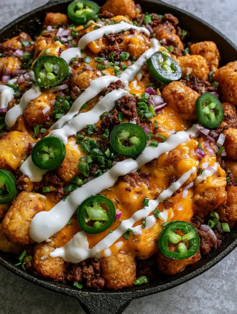 Loaded Tater Tot Recipes: The Ultimate Skillet Comfort Food 1 Rustic cast iron skillet filled with loaded tater tots, red onions, and scallions.