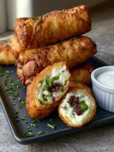 Close-up of a fried Jalapeño Popper Egg Roll sliced in half to show the gooey cream cheese, bacon, and jalapeño filling.