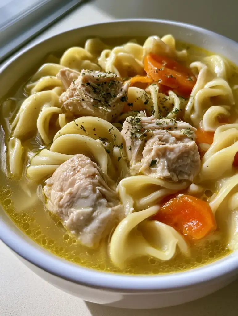 A hearty bowl of Homemade Chicken Noodle Soup with thick wavy egg noodles and moist white-meat chicken chunks.