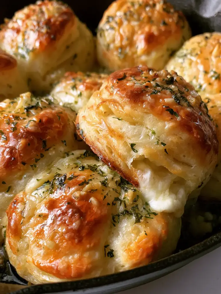 Garlic Butter Biscuits with a Gooey Mozzarella Center 1 A Garlic Butter Biscuit pulled apart to reveal a gooey white mozzarella cheese center.