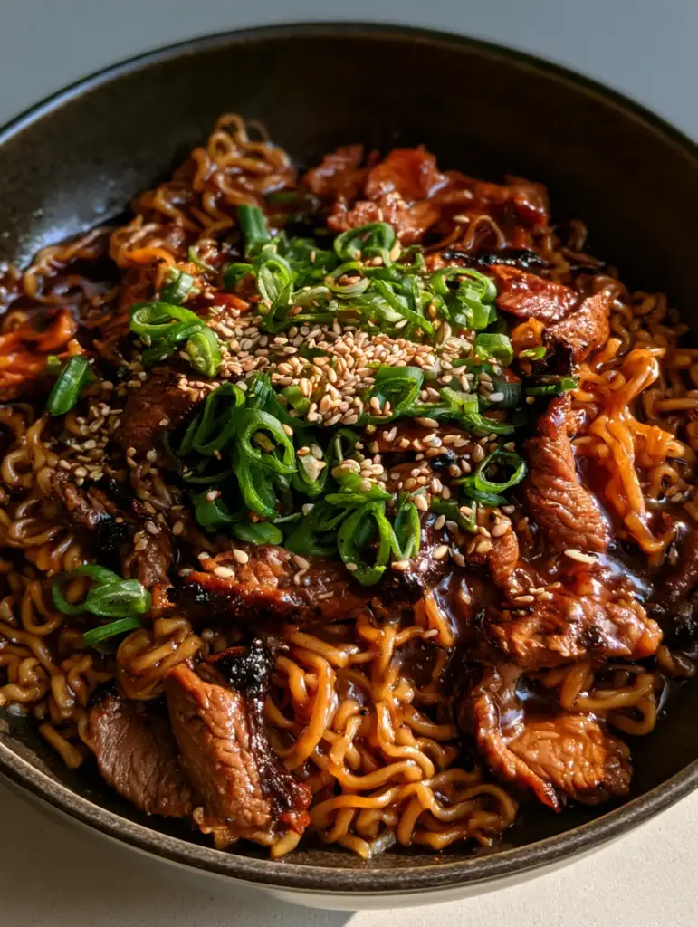 A shallow bowl of Mongolian Beef Ramen garnished with fresh green scallions and toasted white sesame seeds.