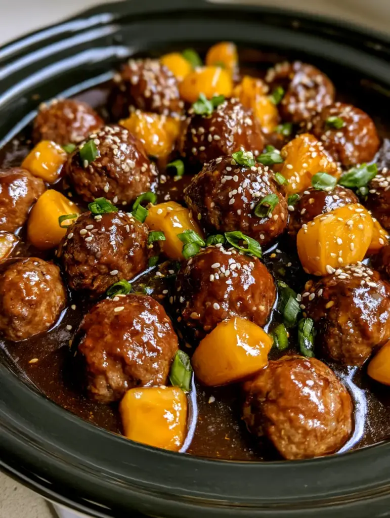 Slow Cooker Teriyaki Meatballs: The Ultimate Sticky Pineapple Glazed Recipe 1 Handheld shot of Slow Cooker Teriyaki Meatballs showing the reflective sticky sauce and green onion garnish.