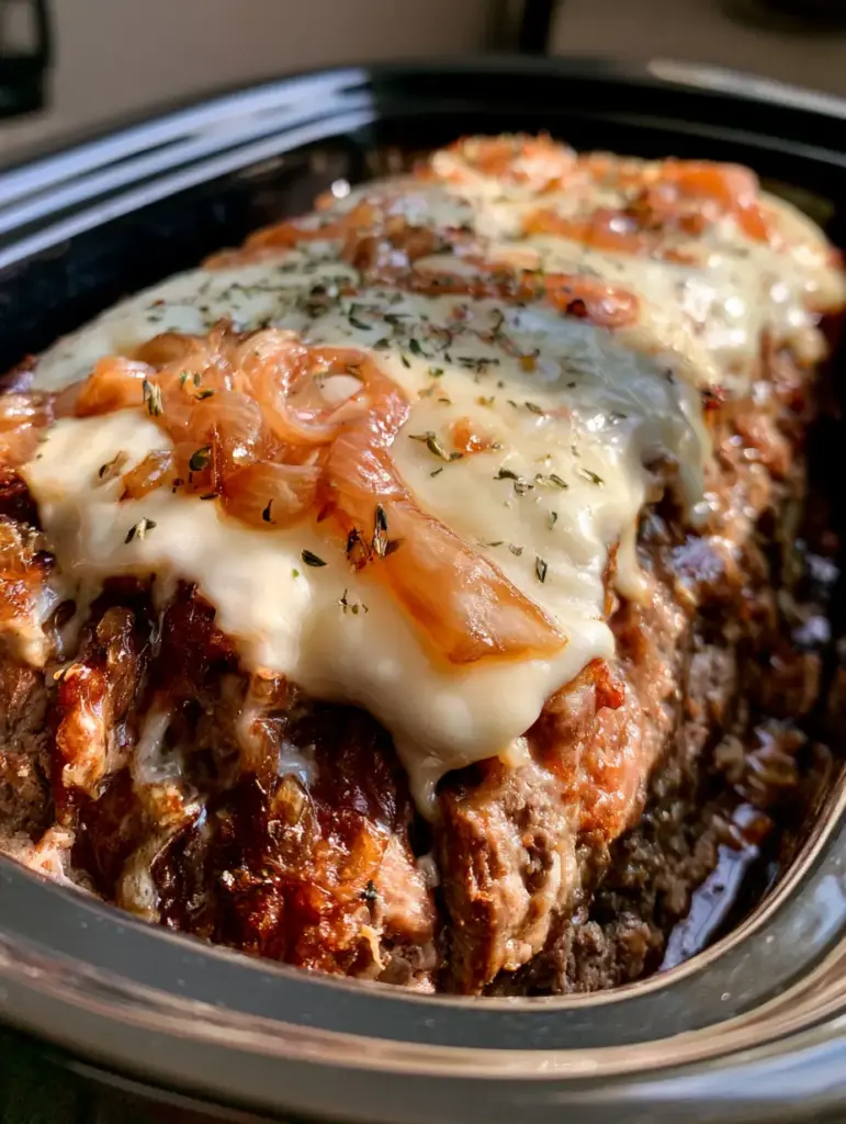 Slow cooker meatloaf topped with bubbly white Swiss cheese and translucent golden-brown caramelized onion slivers.