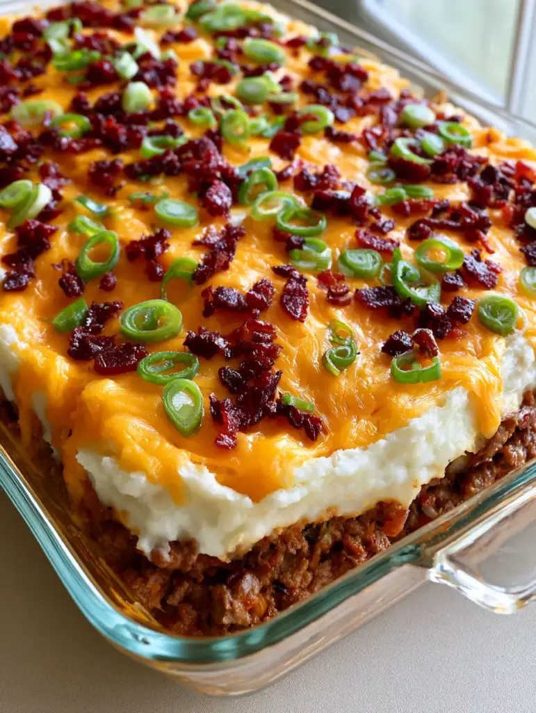 Cheesy Loaded Meatloaf Casserole: The Ultimate Family Comfort Food 1 Close up shot of the layers in a Cheesy Loaded Meatloaf Casserole inside a glass baking dish.