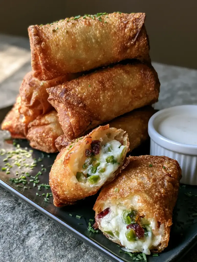 A stack of bubbly, fried Jalapeño Popper Egg Rolls on a charcoal plate resting on a stone countertop.
