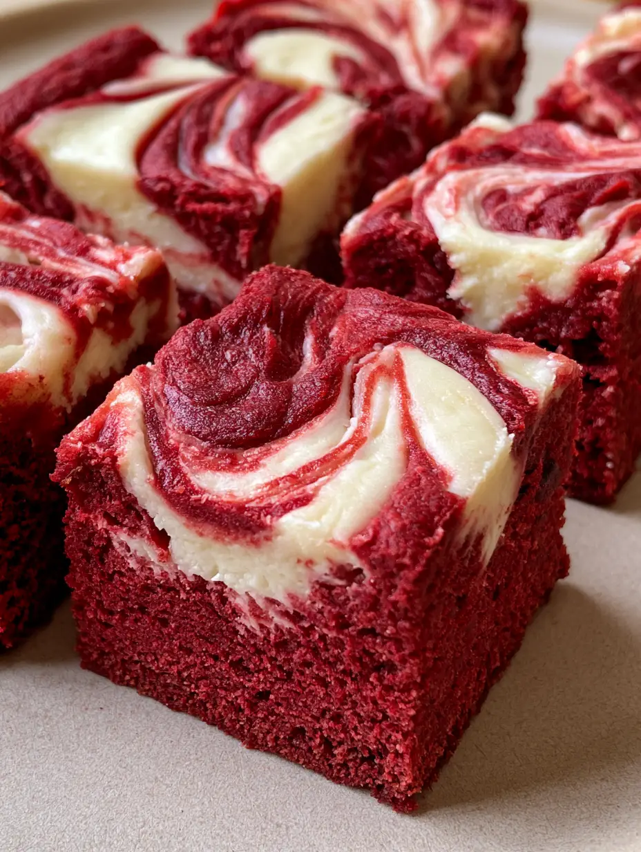 Close-up of square-cut Red Velvet Cheesecake Brownies with clean-cut edges and moist crimson batter. (Red Velvet Cheesecake Brownies)