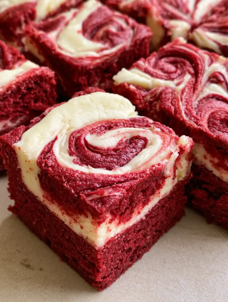 Top-down view of marbled cheesecake topping on red velvet brownies. (Red Velvet Cheesecake Brownies)