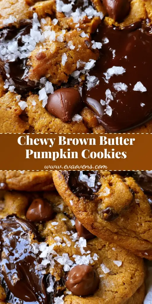 A close-up shot of thick Brown Butter Pumpkin Chocolate Chip Cookies with pools of dark chocolate and flaky sea salt on parchment paper.