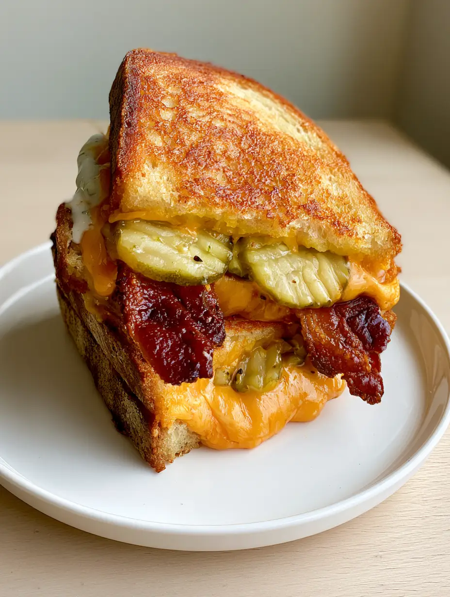 Close up of a Dill Pickle Grilled Cheese showing the ridged pickles and melted orange cheese inside toasted sourdough.